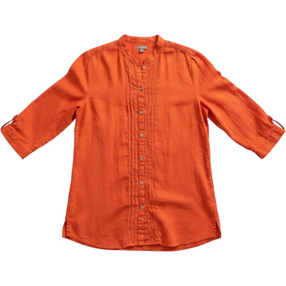 J. Jill Tunic Women Size L Orange 100% Linen Pintuck 3/4 Sleeve Button Front